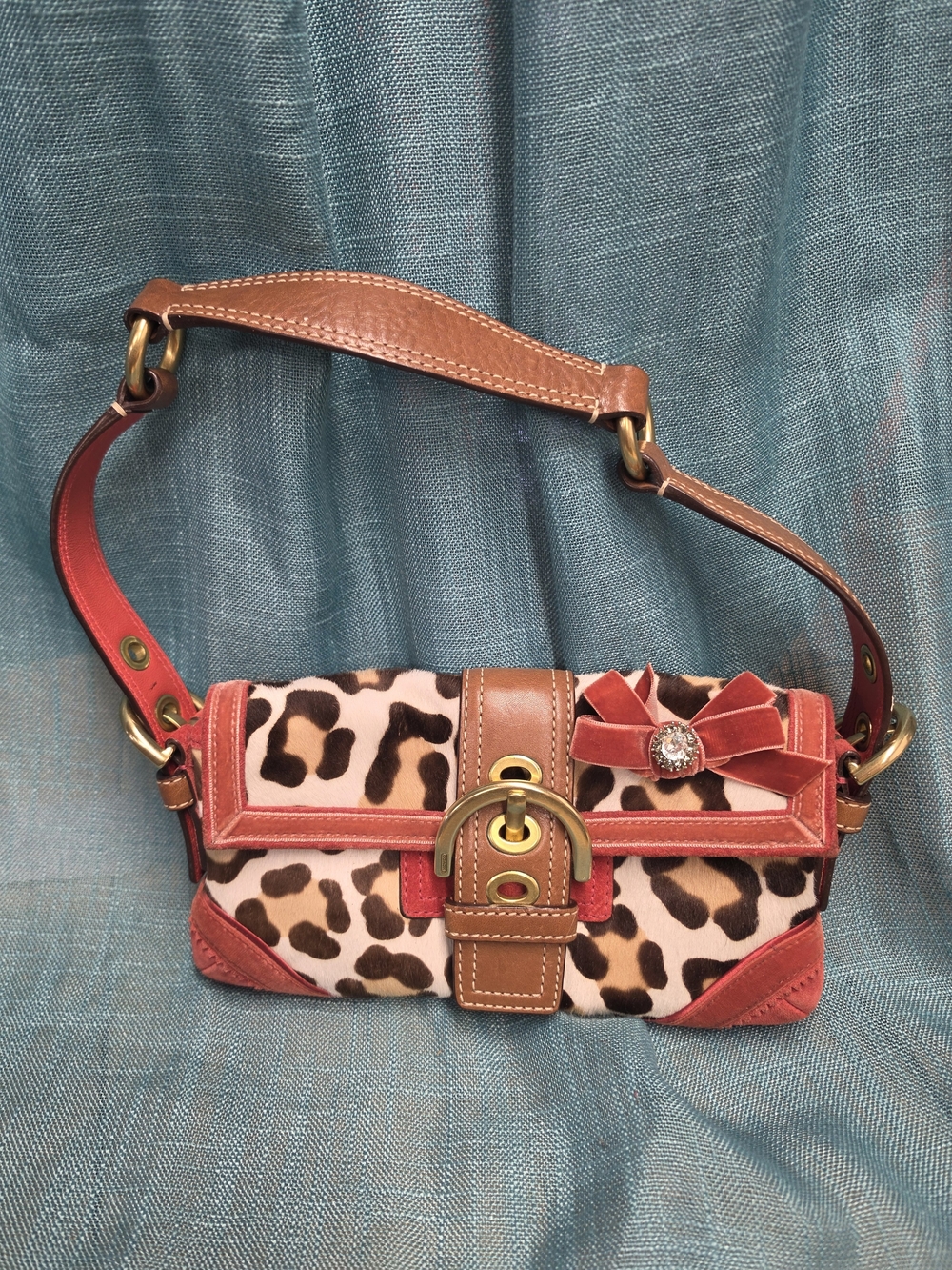 Coach Leopard Print Mini Bag with Coral Trim and Bow